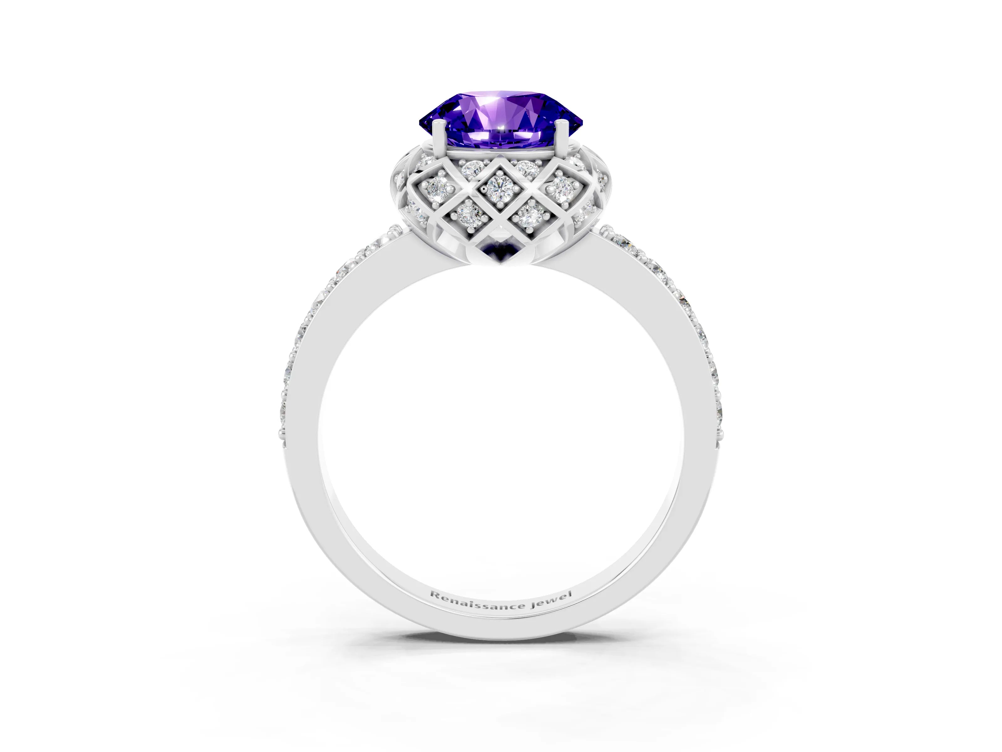White gold Round Cut Diamond Solitaire Ring with Shared Prong Pavé Band_3