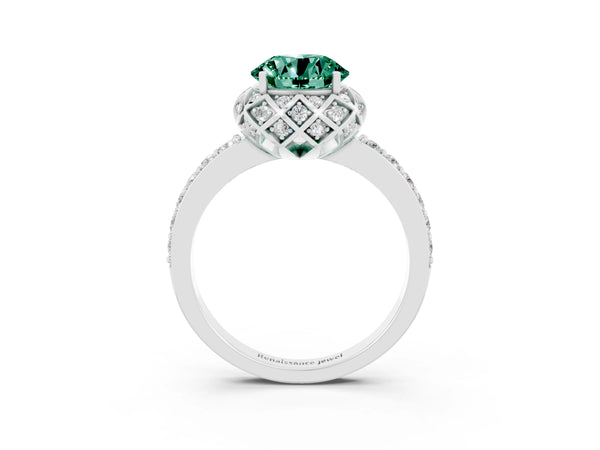 Silver Round Cut Green Sapphire Scalloped Halo Engagement Ring with Round Shared Prong Band