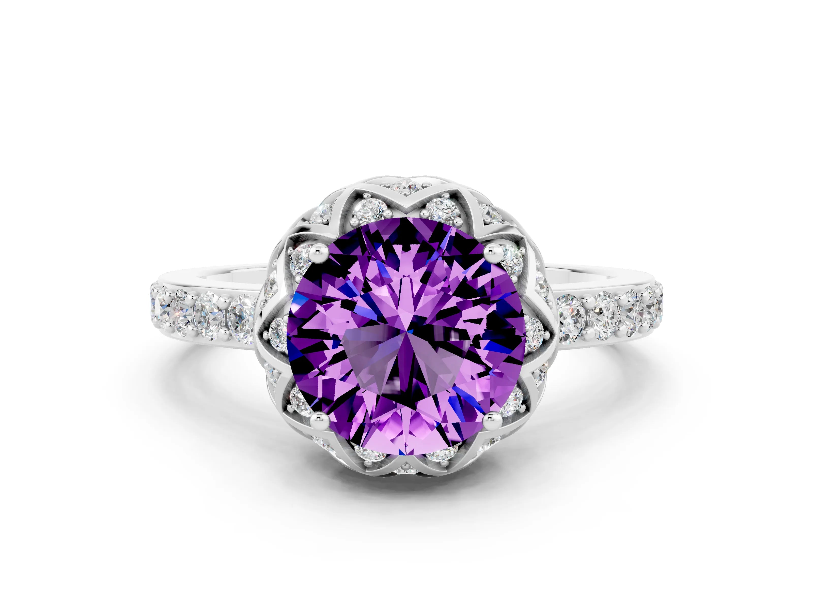 White gold Round Cut Diamond Solitaire Ring with Shared Prong Pavé Band