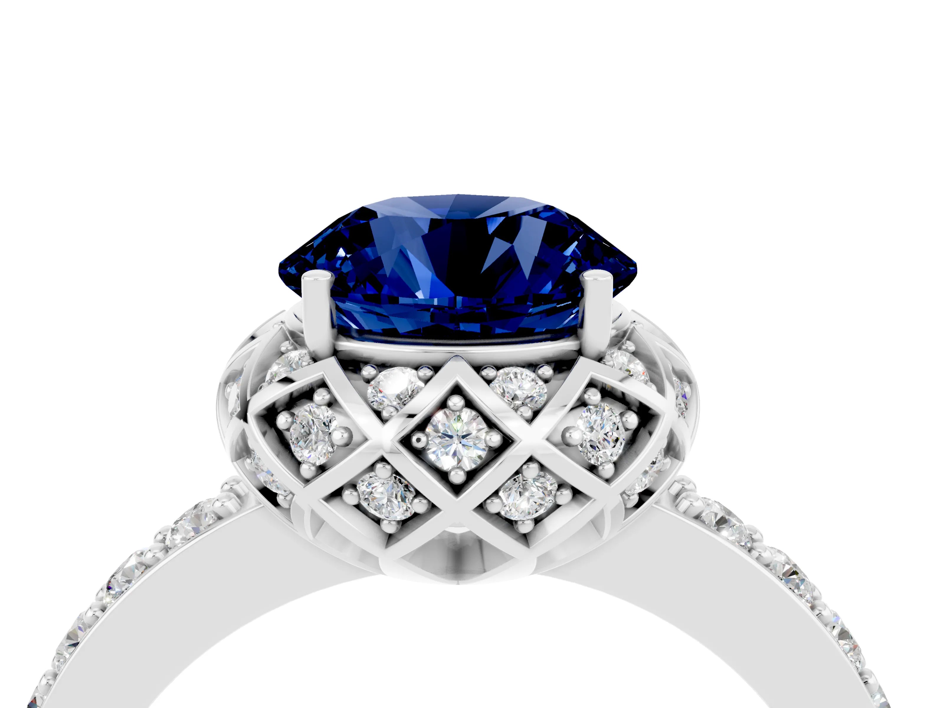 White gold Round Cut Diamond Solitaire Ring with Shared Prong Pavé Band_4