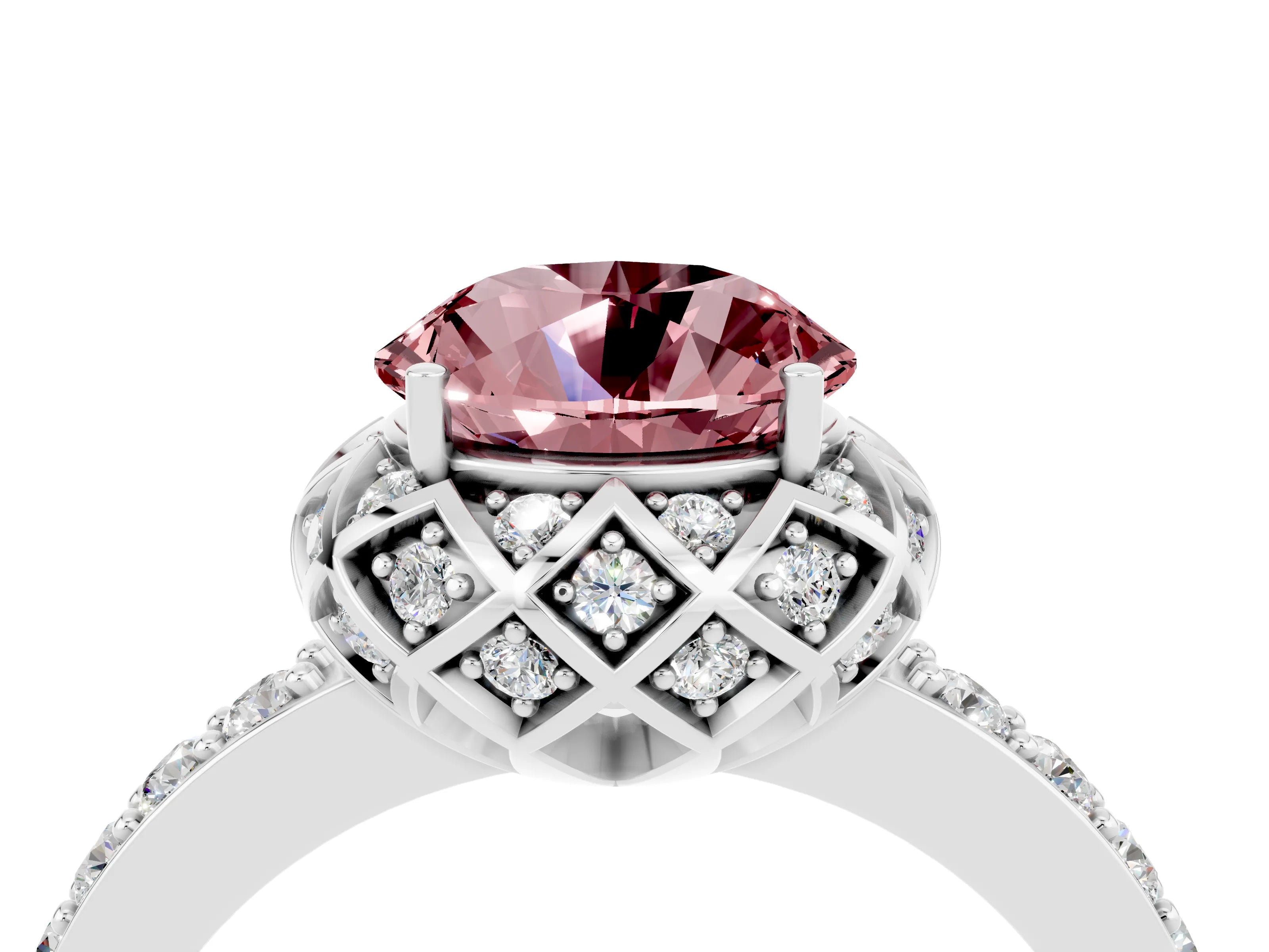 White gold Round Cut Diamond Solitaire Ring with Shared Prong Pavé Band_4