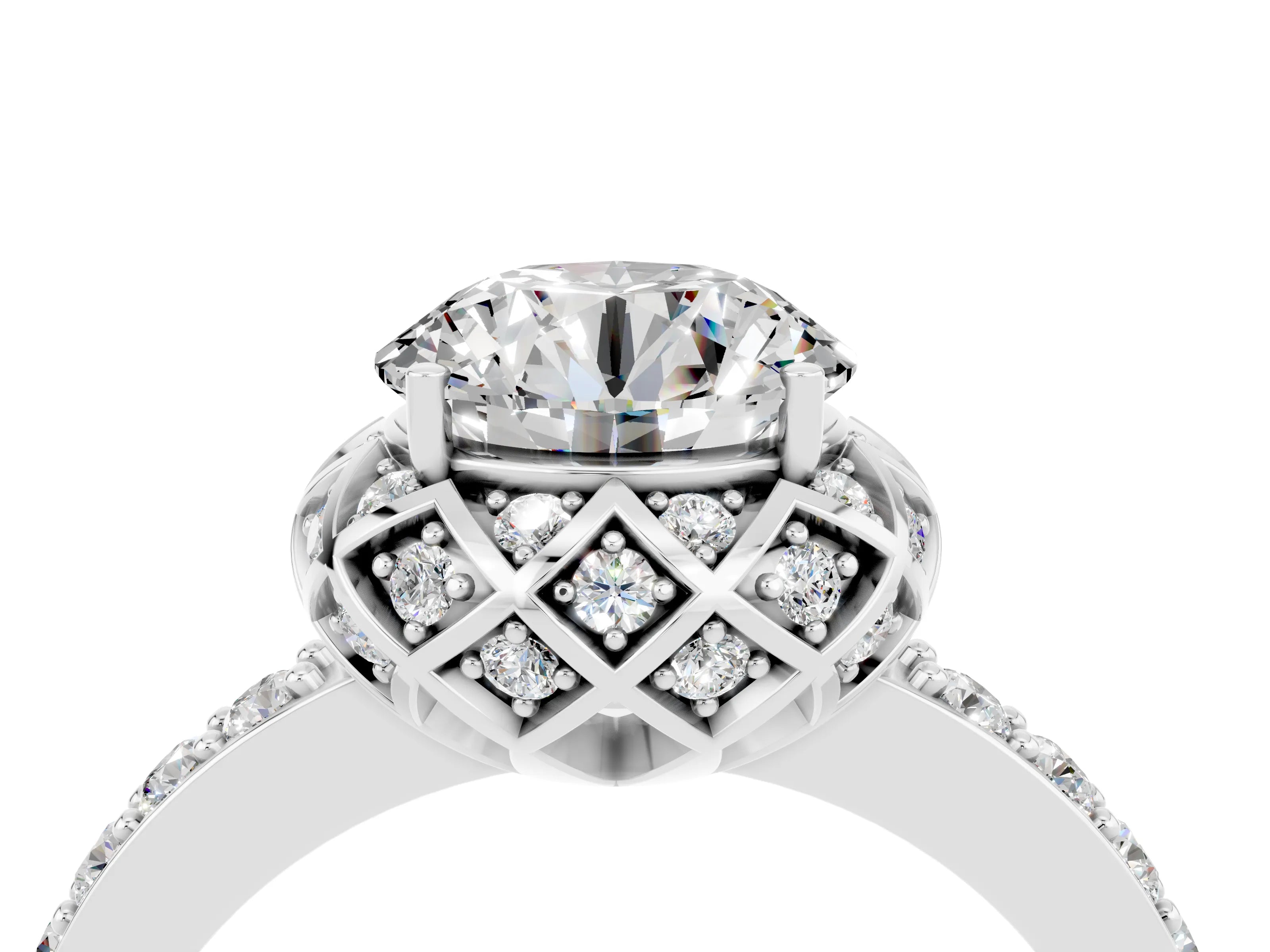 White gold Round Cut Diamond Solitaire Ring with Shared Prong Pavé Band_4