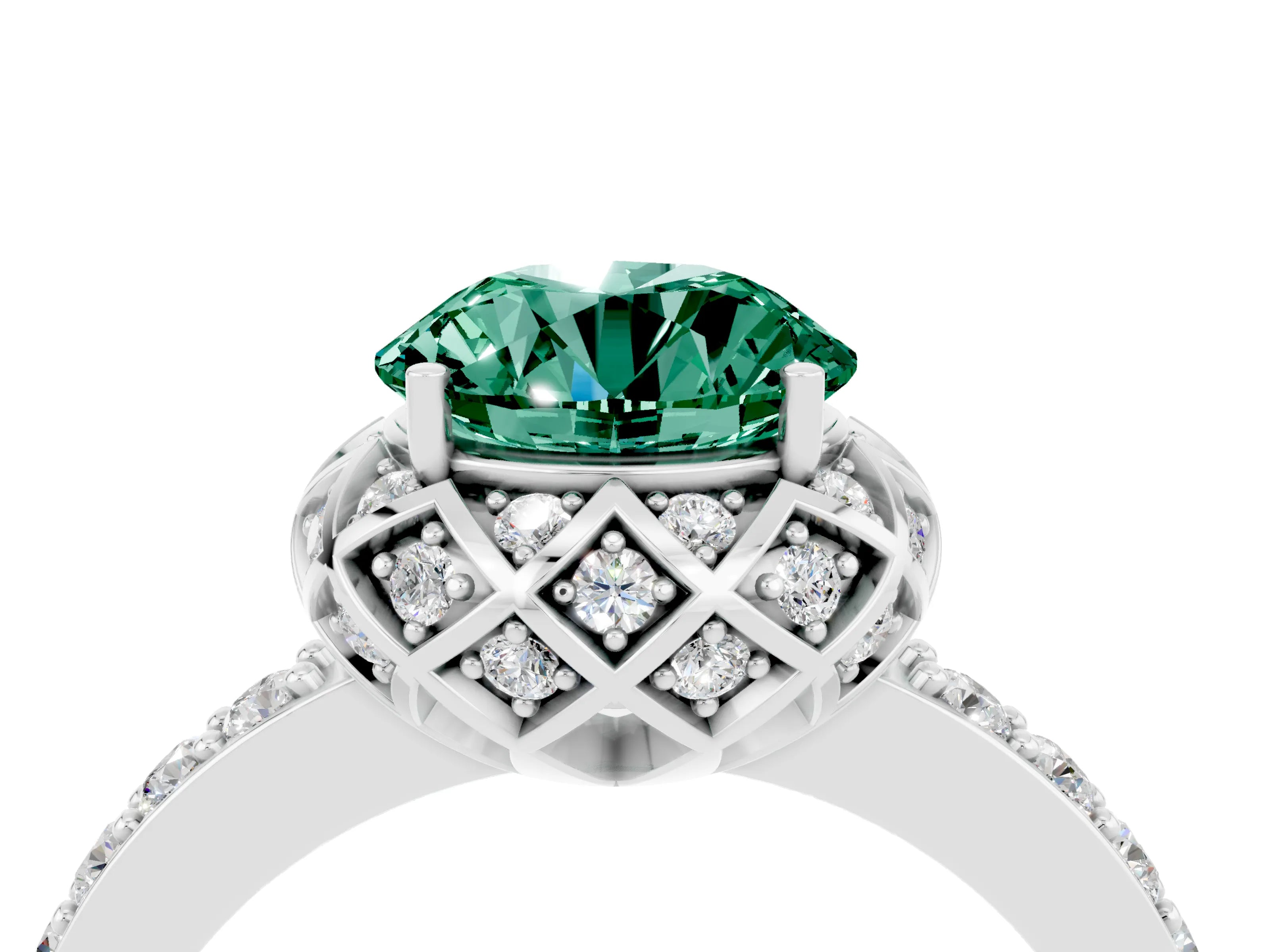 White gold Round Cut Diamond Solitaire Ring with Shared Prong Pavé Band_4