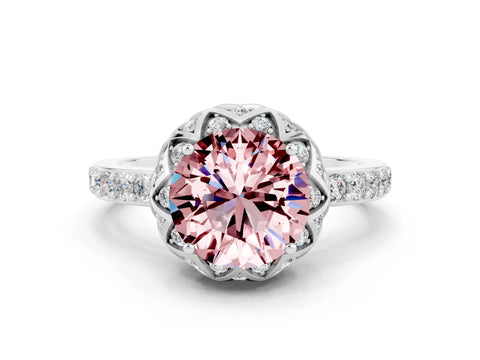 White gold Round Cut Diamond Solitaire Ring with Shared Prong Pavé Band
