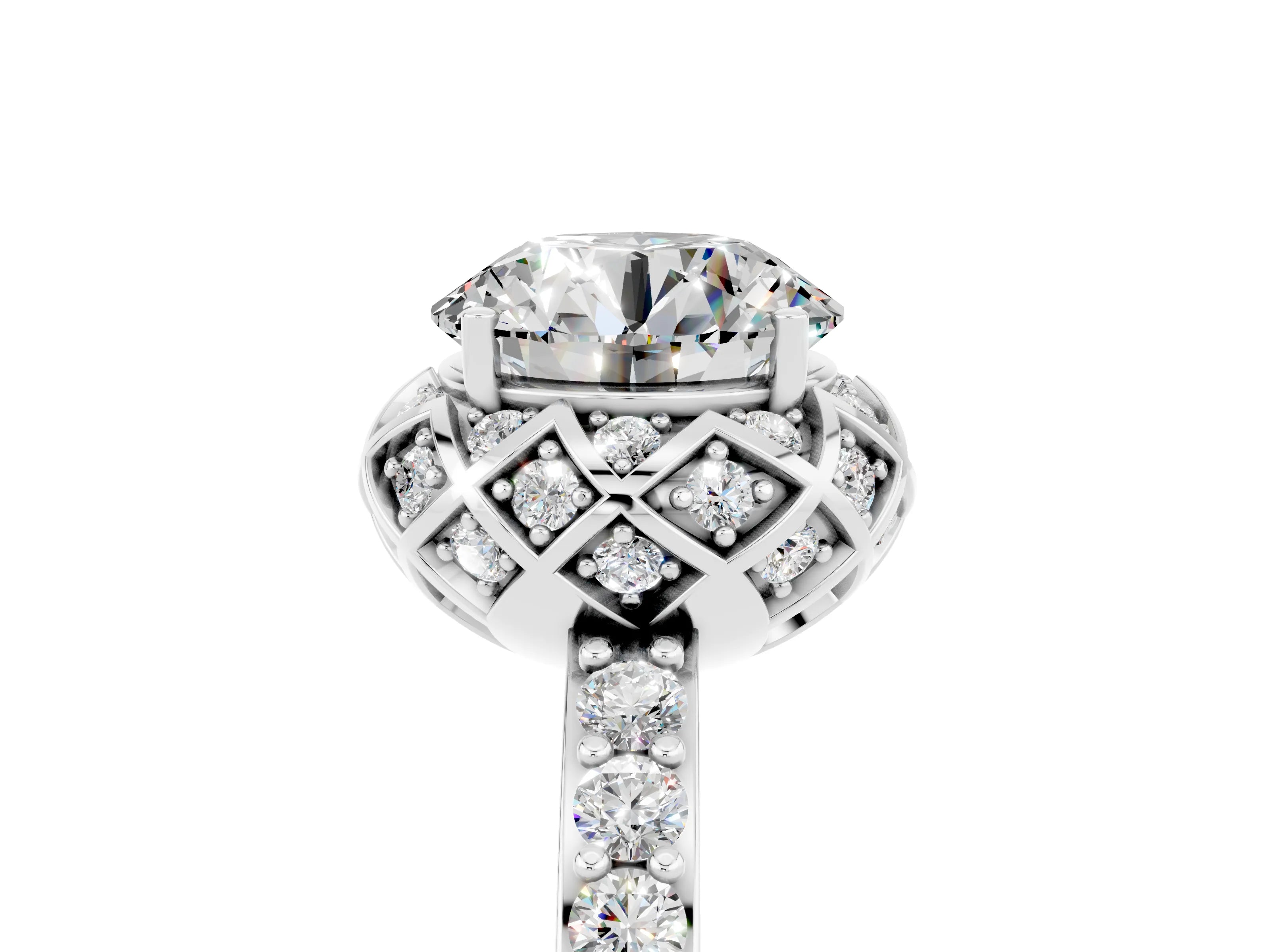 White gold Round Cut Diamond Solitaire Ring with Shared Prong Pavé Band_5