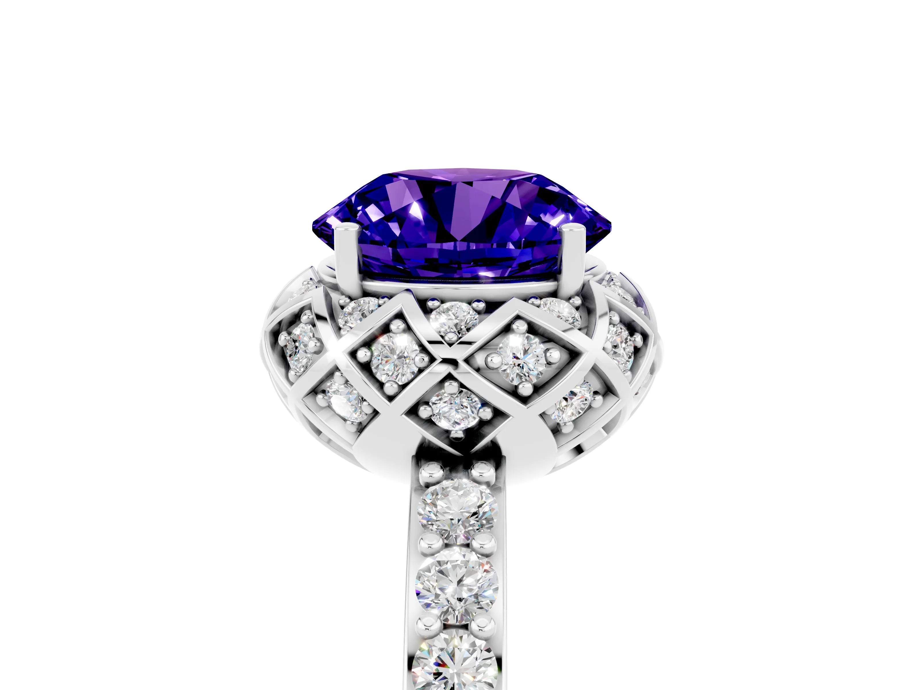 White gold Round Cut Diamond Solitaire Ring with Shared Prong Pavé Band_5