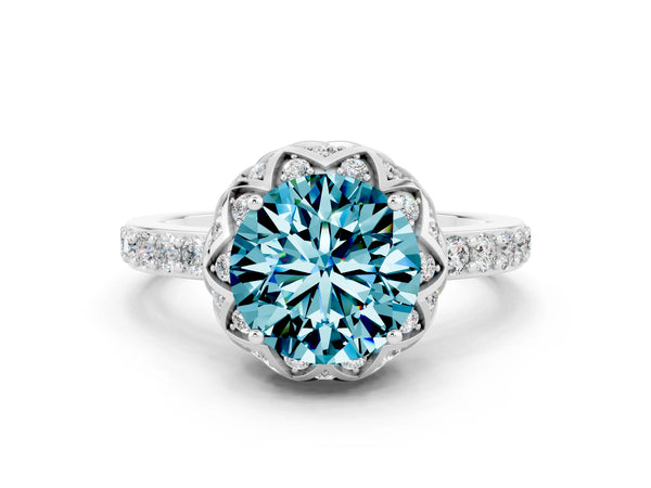 Platinum Round Cut Diamond Solitaire Ring with Shared Prong Pavé Band