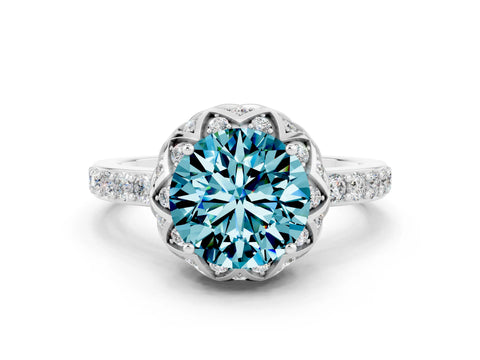 White gold Round Cut Diamond Solitaire Ring with Shared Prong Pavé Band