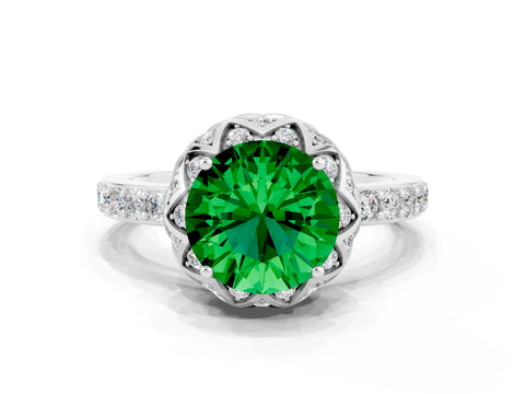 White gold Round Cut Diamond Solitaire Ring with Shared Prong Pavé Band