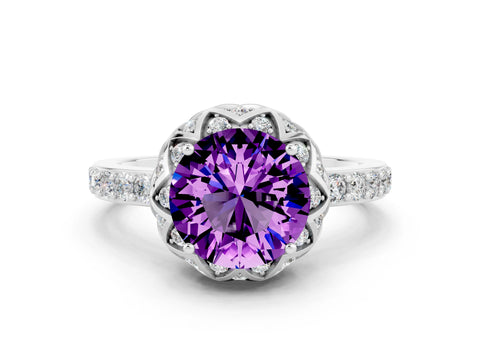 White gold Round Cut Diamond Solitaire Ring with Shared Prong Pavé Band