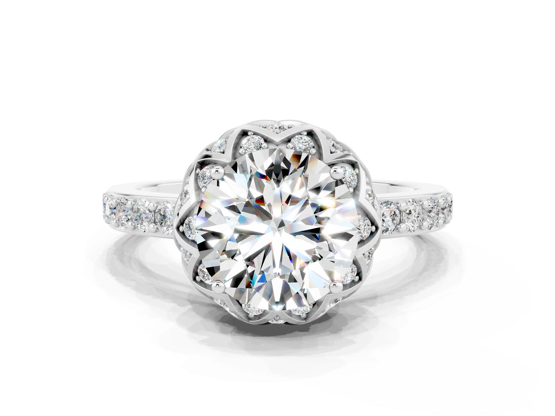 White gold Round Cut Diamond Solitaire Ring with Shared Prong Pavé Band