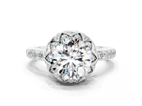 White gold Round Cut Diamond Solitaire Ring with Shared Prong Pavé Band