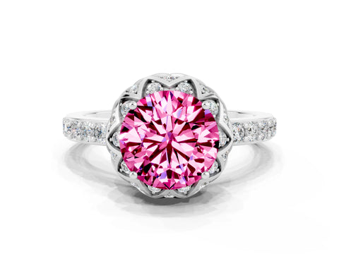 White gold Round Cut Diamond Solitaire Ring with Shared Prong Pavé Band