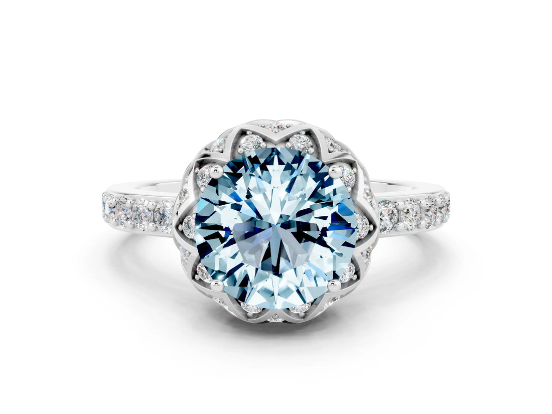 White gold Round Cut Diamond Solitaire Ring with Shared Prong Pavé Band