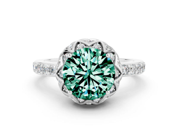 Platinum Round Cut Green Sapphire Scalloped Halo Engagement Ring with Round Shared Prong Band