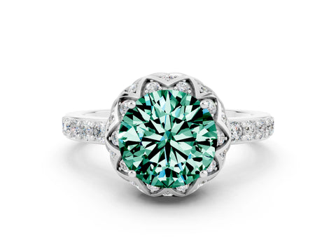 White gold Round Cut Diamond Solitaire Ring with Shared Prong Pavé Band