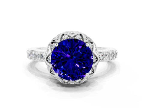 White gold Round Cut Diamond Solitaire Ring with Shared Prong Pavé Band