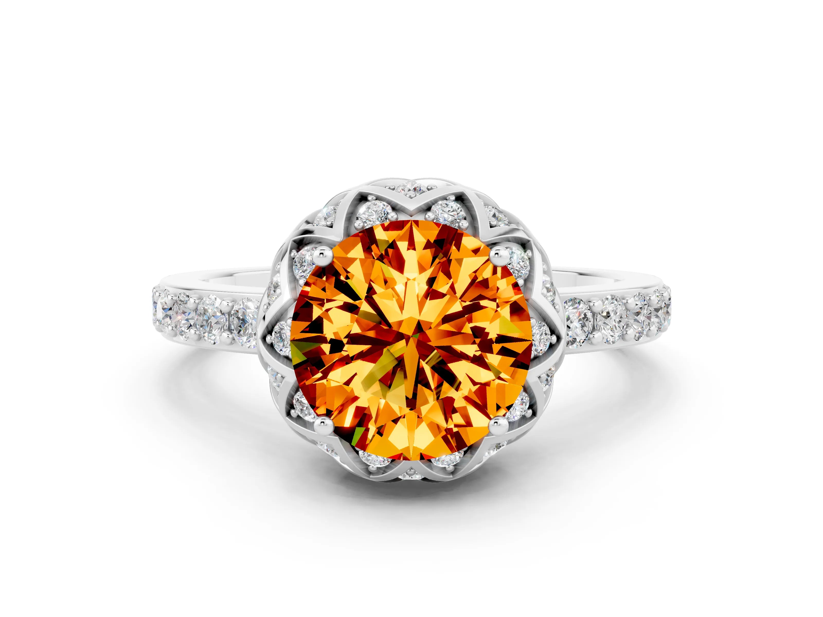 White gold Round Cut Diamond Solitaire Ring with Shared Prong Pavé Band