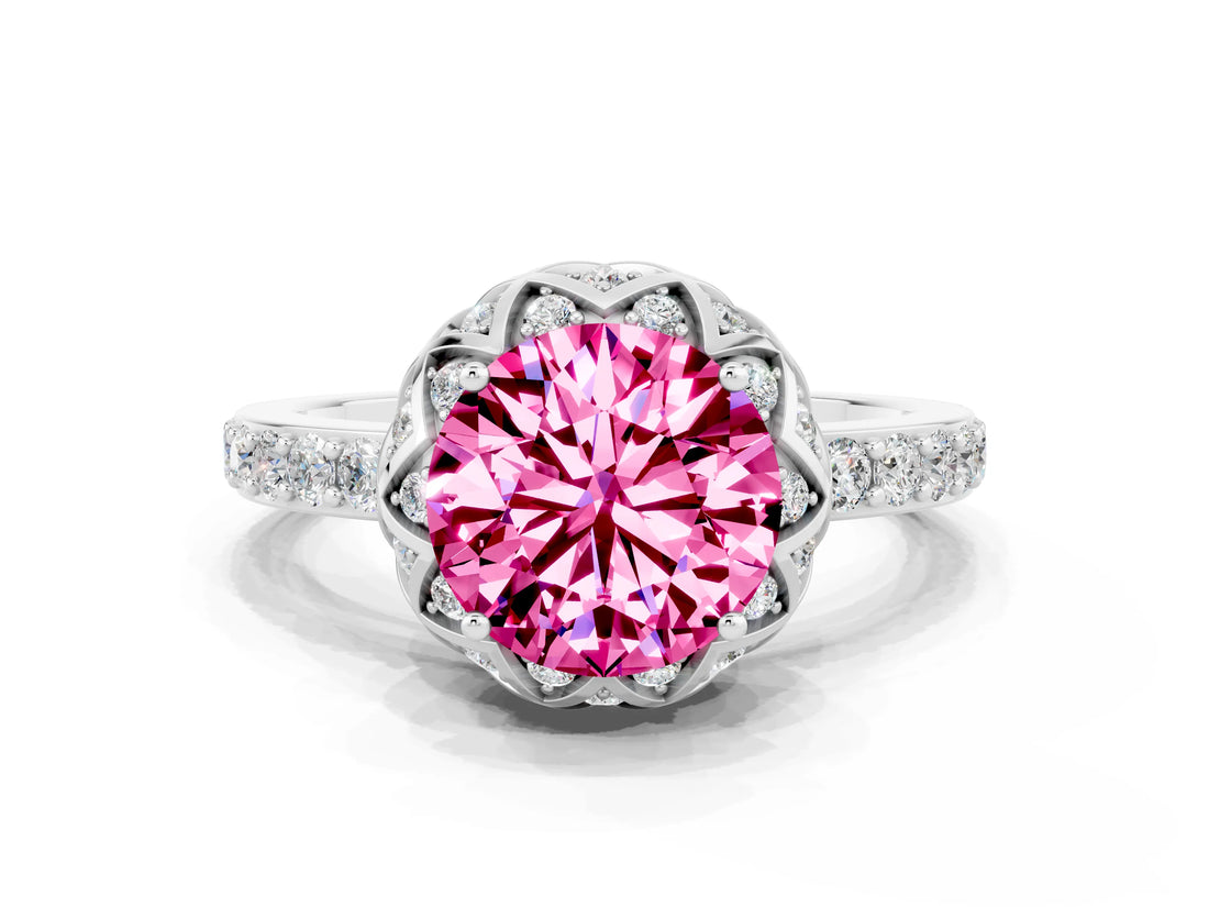 White gold Round Cut Diamond Solitaire Ring with Shared Prong Pavé Band