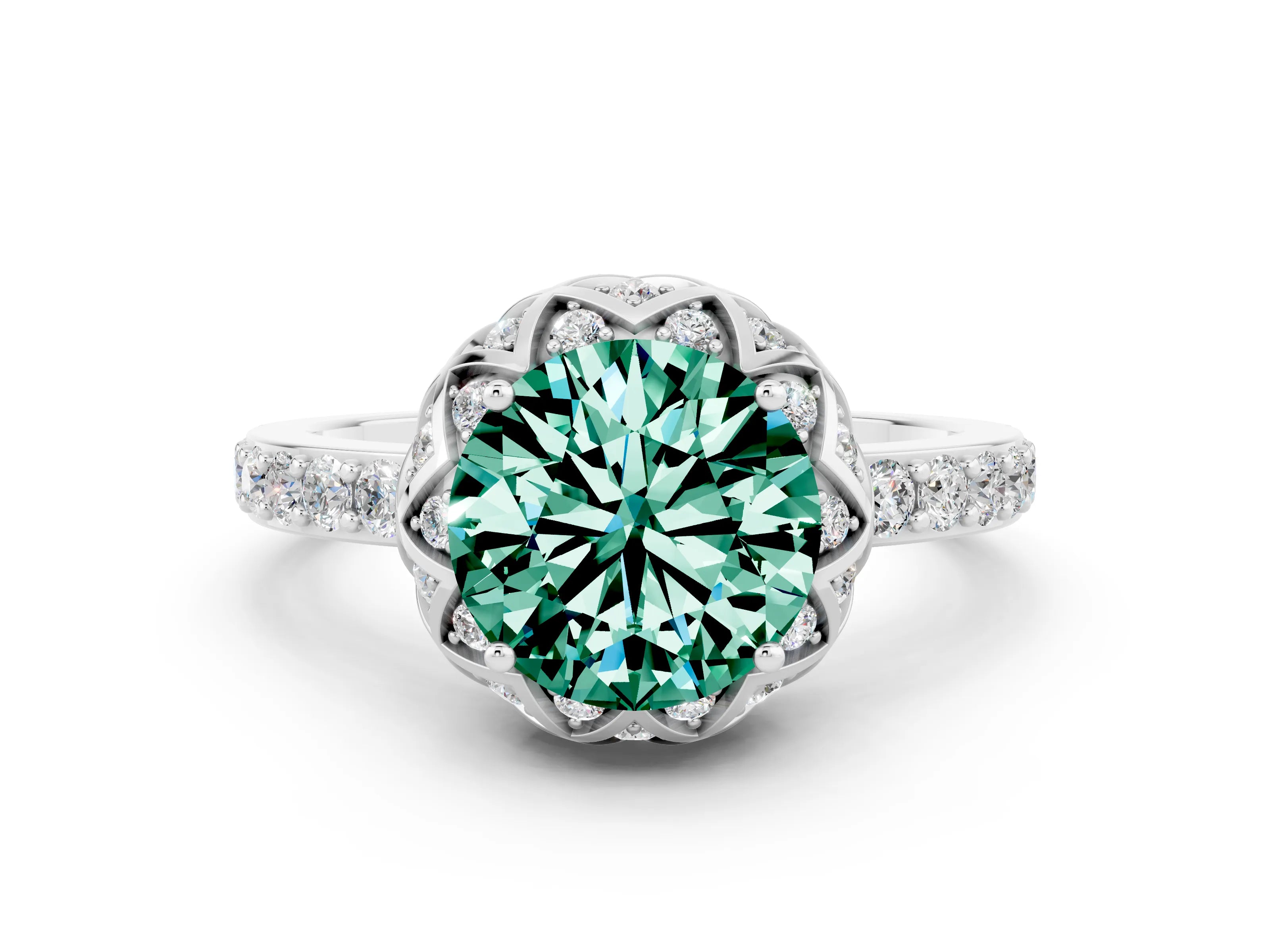 White gold Round Cut Diamond Solitaire Ring with Shared Prong Pavé Band
