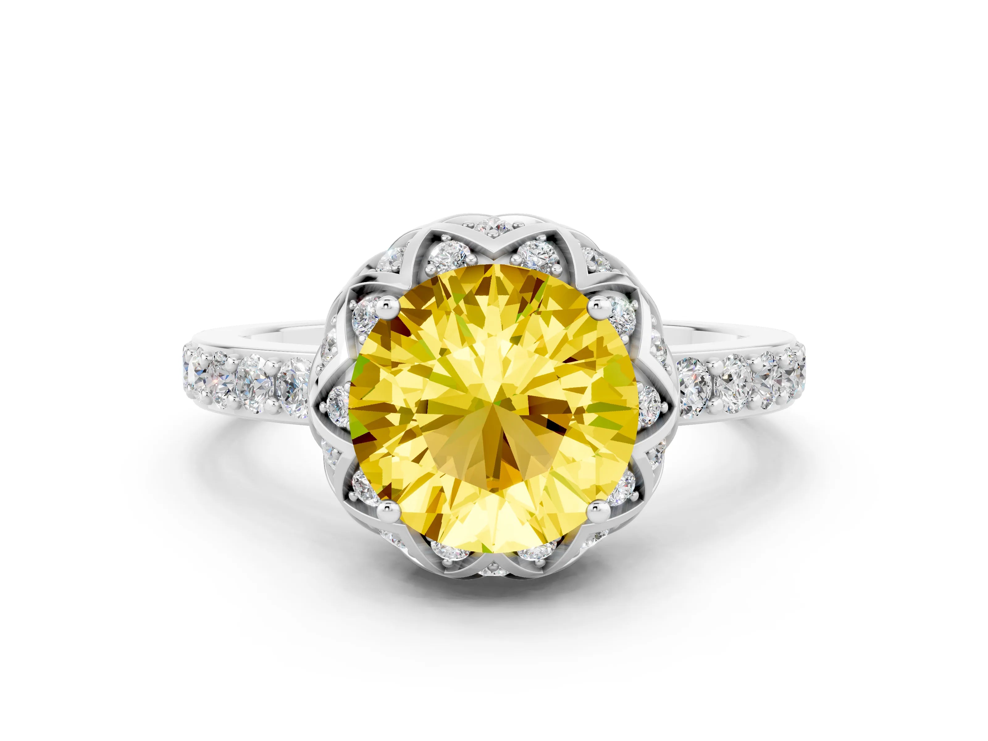 White gold Round Cut Diamond Solitaire Ring with Shared Prong Pavé Band