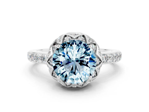 White gold Round Cut Diamond Solitaire Ring with Shared Prong Pavé Band