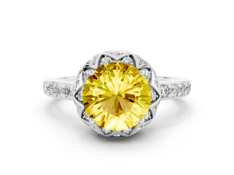 White gold Round Cut Diamond Solitaire Ring with Shared Prong Pavé Band