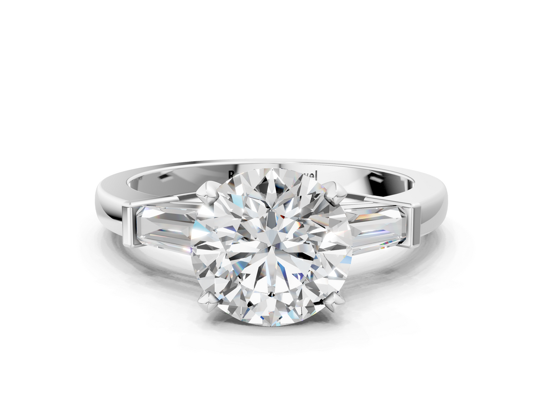 White gold Round Cut Diamond Solitaire Ring with Tapered Baguette Accents and Four-Prong Setting_86