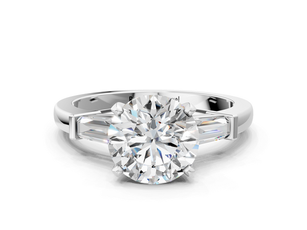 White gold Round Cut Diamond Solitaire Ring with Tapered Baguette Accents and Four-Prong Setting
