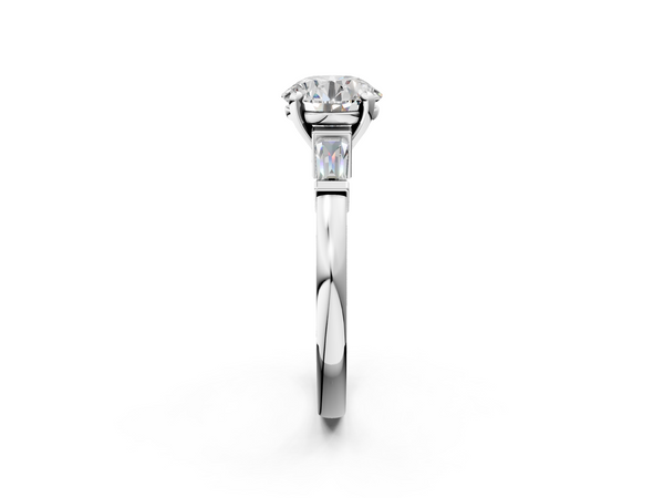 White gold Round Cut Diamond Solitaire Ring with Tapered Baguette Accents and Four-Prong Setting
