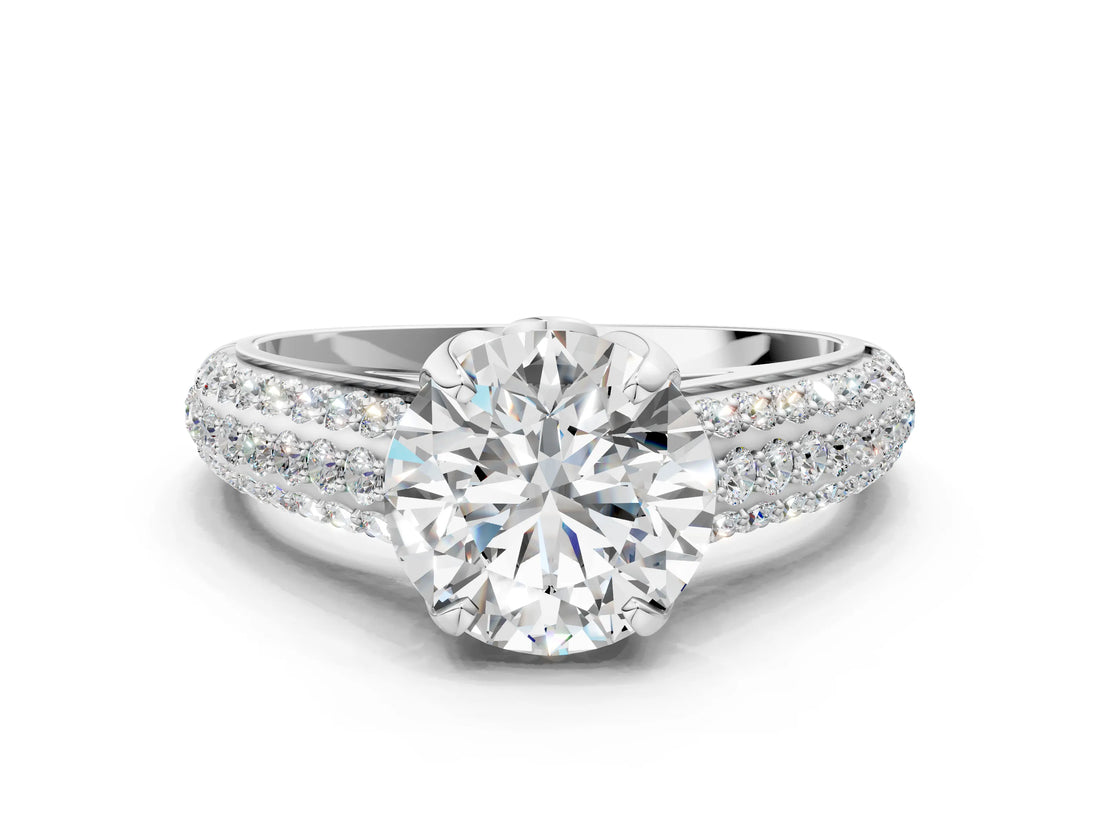 White gold Round Cut Diamond Solitaire Ring with Three-Row Pavé Band and Four-Prong Setting_78