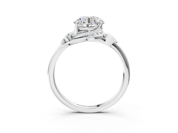 Platinum Round Bypass Solitaire Engagement Ring Setting with Leaf Shoulders