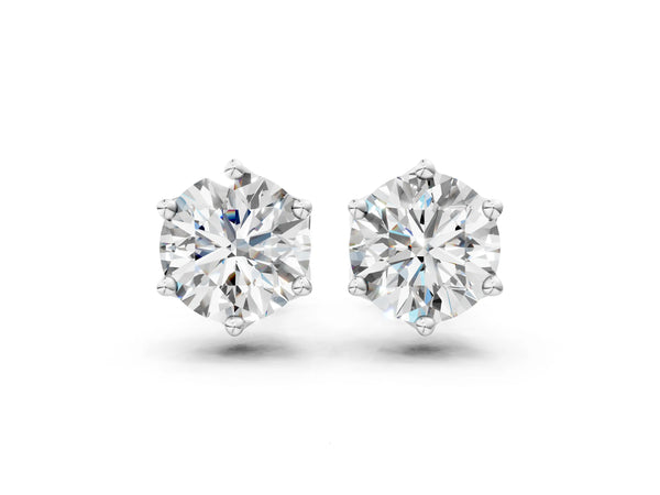 White gold Round Diamond Six Prong Flower Petal Solitaire Stud Earrings