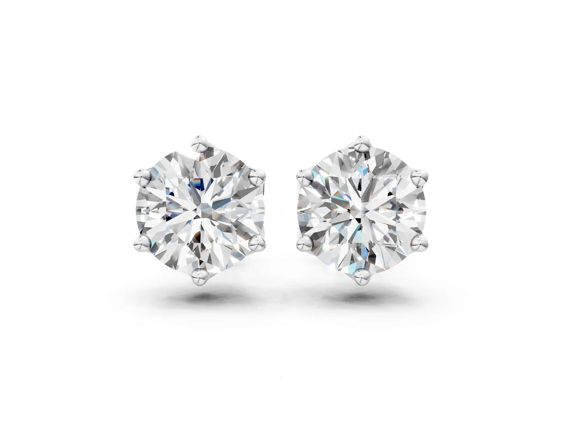 White gold Round Cut Diamond Solitaire Stud Earrings with Six-Prong Floral Setting_6