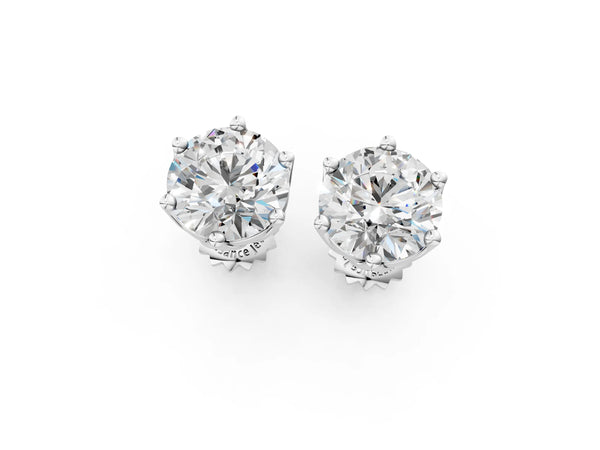 Platinum Round Diamond Six Prong Flower Petal Solitaire Stud Earrings