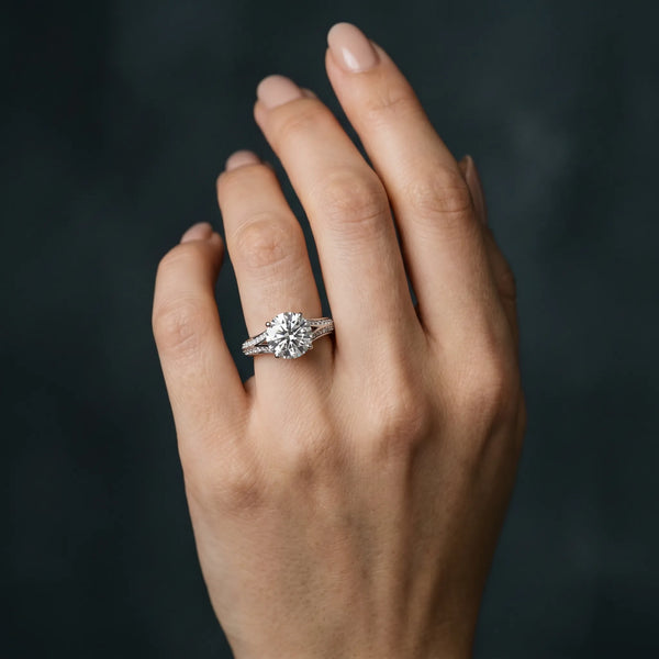 White gold Round Cut Diamond Split Shank Engagement Ring with Pavé Band