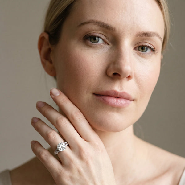 White gold Round Cut Diamond Split Shank Engagement Ring with Pavé Band