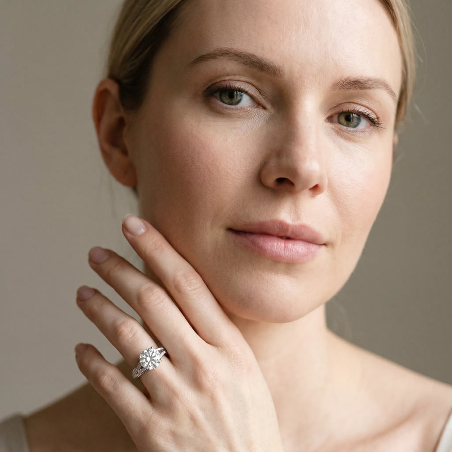 White gold Round Cut Diamond Split Shank Engagement Ring with Pavé Band