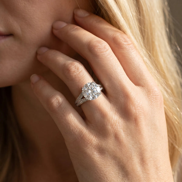 White gold Round Cut Diamond Split Shank Engagement Ring with Pavé Band