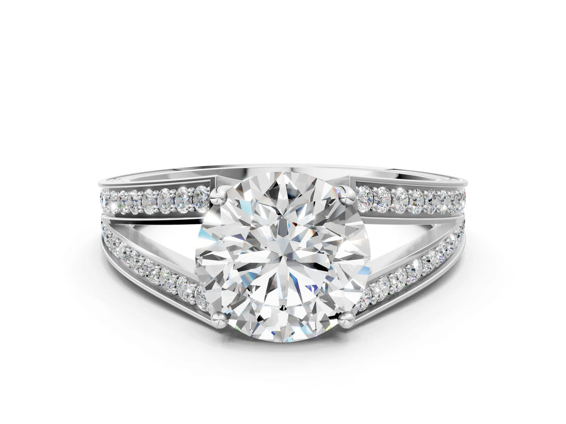 White gold Round Cut Diamond Split Shank Ring with Pavé Band and Four-Prong Setting_80