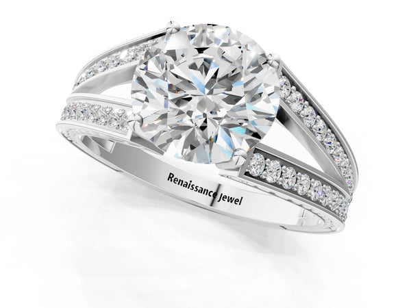 Platinum Round Split Shank Engagement Ring Setting with Pave Band and Engraved Sides