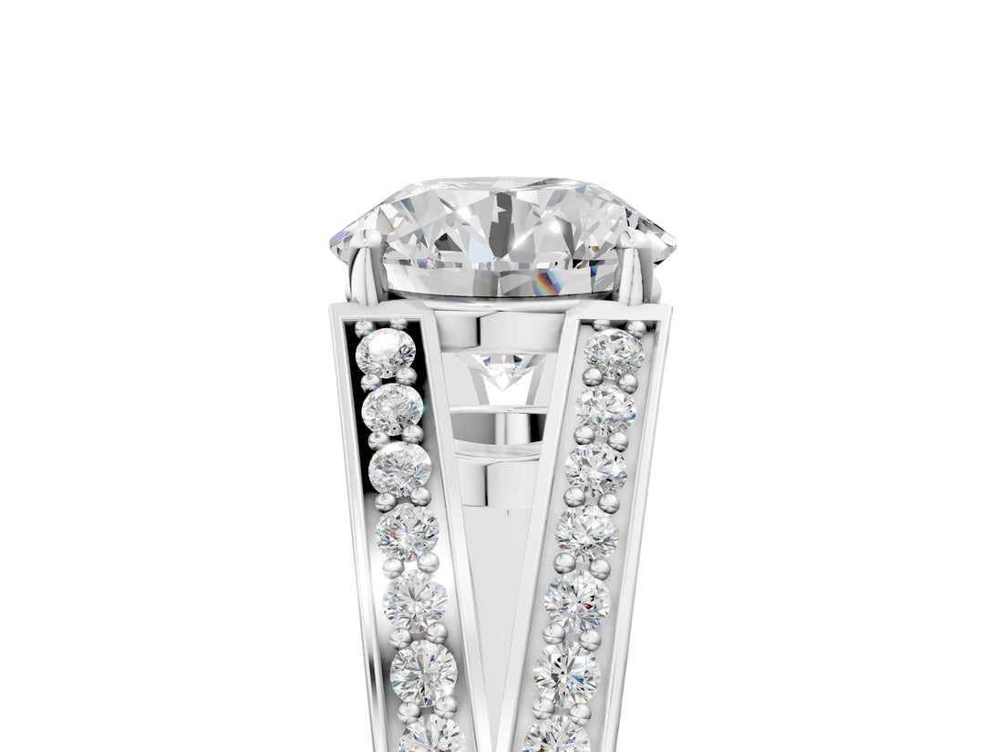 White gold Round Cut Diamond Split Shank Ring with Pavé Band and Four-Prong Setting_87