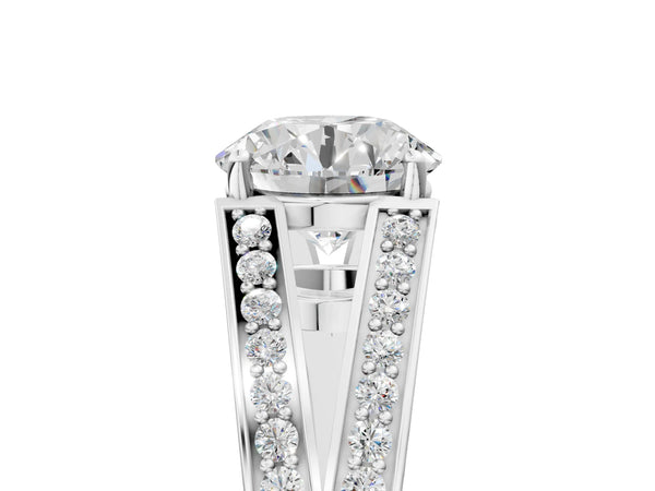 White gold Round Cut Diamond Split Shank Ring with Pavé Band and Four-Prong Setting