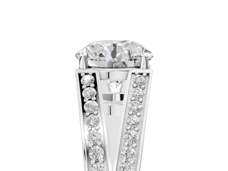 White gold Round Cut Diamond Split Shank Ring with Pavé Band and Four-Prong Setting