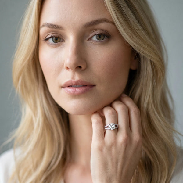 White gold Round Cut Diamond Split Shank Ring with Pavé Band and Four-Prong Setting
