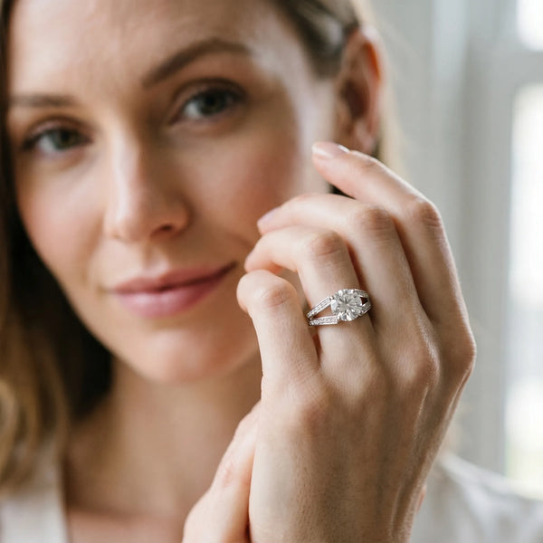White gold Round Cut Diamond Split Shank Ring with Pavé Band and Four-Prong Setting