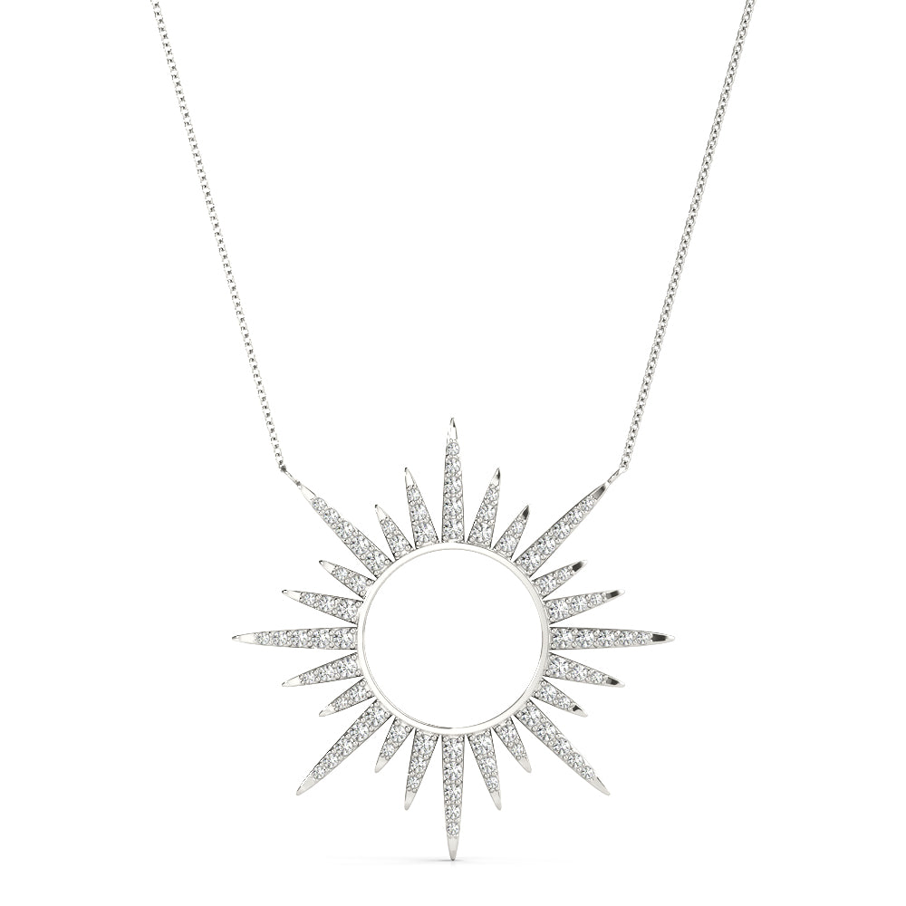 White gold Round Cut Diamond Sunburst Pendant with Pavé Setting