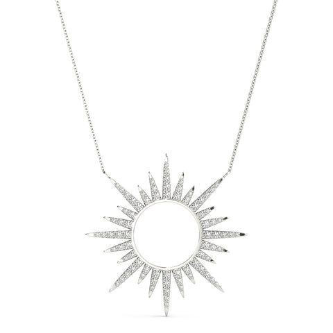 White gold Round Cut Diamond Sunburst Pendant with Pavé Setting