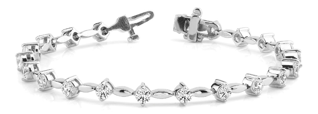 White gold Round Cut Diamond Tennis Bracelet with Bezel Setting and Marquise Link Band