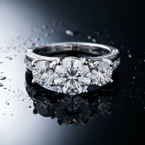 14K White Gold 3.00 Carat E VS1 Round Diamond Three-Stone Ring with Channel Set Band and Four-Prong Setting